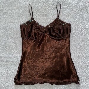 VTG lace brown crushed satin embellished spaghetti strap cami tank top Y2K L